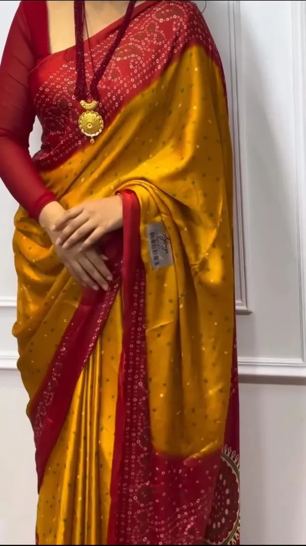 Rainbow Saree Mustard and Red Bandhani Saree Ideal For Festive