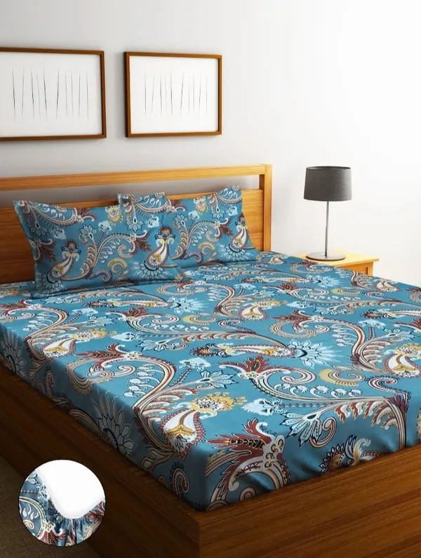Elastic_Fitted_Bedsheet_with_Two_Pillow_covers_|_Blue_Pure_Cotton_King_Size_Bedsheet
