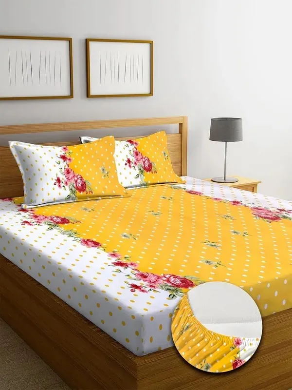 Yellow_Cotton_Elastic_Fitted_King_Size_Bedsheet_With_2_Pillow_Covers_|_72x78_Inch