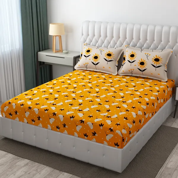 Elastic_Fitted_Bedsheet_with_Two_Pillow_covers_|_Yellow_Pure_Cotton_King_Size_Bedsheet