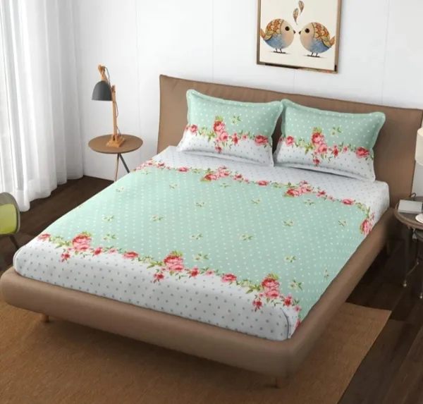 Elastic_Fitted_Bedsheet_with_Two_Pillow_covers_|_Green_Pure_Cotton_King_Size_Bedsheet