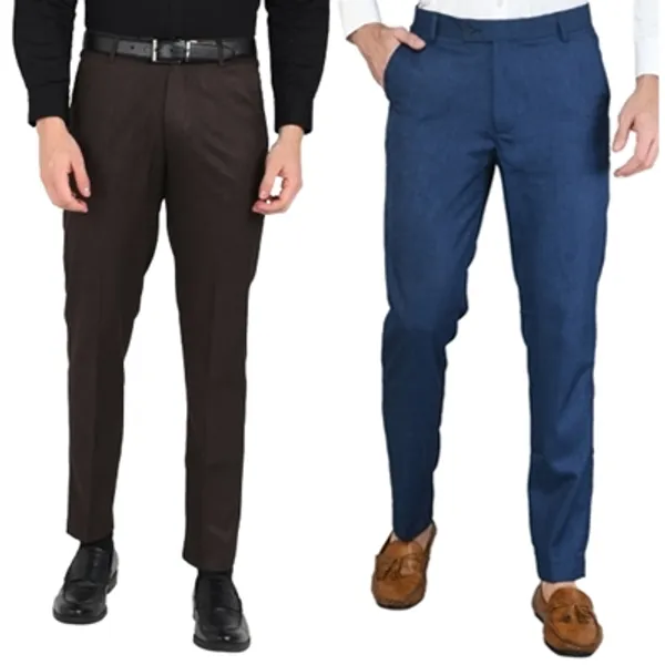 Pack_Of_2_Blue_&_Brown_Viscose_Rayon_Formal_Zipper_Trouser_For_Men_|_Relaxed_Fit