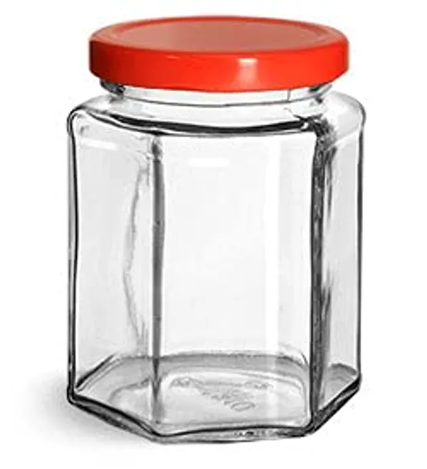 Hexagon_Glass_Jar_250ml_With_Air_Tight_Red_Cap_For_Kitchen_Storage,_250ml,_Clear_(Set_of_6)