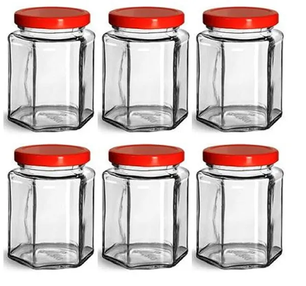 Hexagon_Glass_Jar_250ml_With_Air_Tight_Red_Cap_For_Kitchen_Storage,_250ml,_Clear_(Set_of_6)