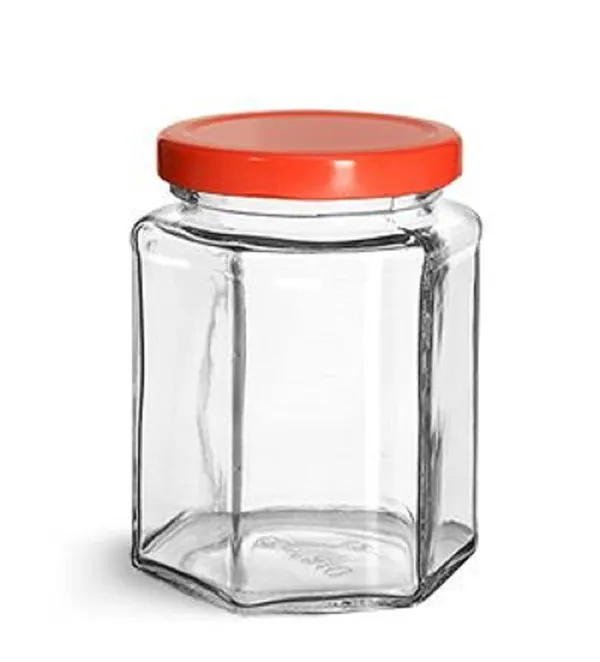Hexagon_Glass_Jar_250ml_With_Air_Tight_Red_Cap_For_Kitchen_Storage,_250ml,_Clear_(Set_of_6)