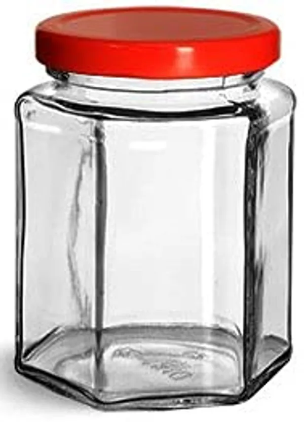 Hexagon_Glass_Jar_250ml_With_Air_Tight_Red_Cap_For_Kitchen_Storage,_250ml,_Clear_(Set_of_6)