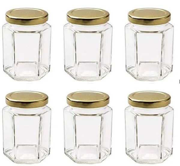 Hexagon_Glass_Jar_250ml_With_Air_Tight_Golden_Cap_For_Kitchen_Storage,_250ml,_Clear_(Set_of_6)