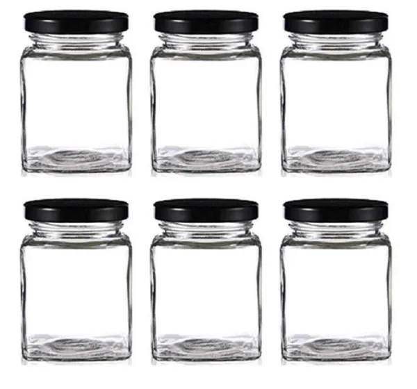 Square_Transparent_Glass_Jar_And_Container_250ml,_Set_of_6_With_Rust_Proof_Air_Tight_Black_Cap_For_Kitchen_Storage