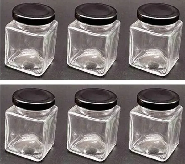 Square_Transparent_Glass_Jar_And_Container_250ml,_Set_of_6_With_Rust_Proof_Air_Tight_Black_Cap_For_Kitchen_Storage