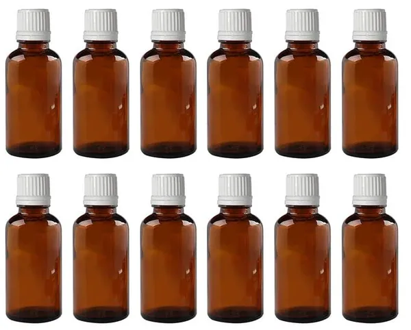 Empty_Amber_Glass_Bottles_50_ml_(Set_of_12)_with_Leak_Proof_Euro_Dropper_White_Cap._Ideal_to_Store_Essential_Oils,_Fragrances,_Medicines,_DIY_Perfumes,_Homeopathy_&_Refillable