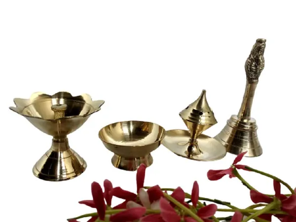 Brass_Pooja_Thali_I_Puja_Thali_Set_with_Ghanti,_Diya,_Roli/Kumkum_Katori_&_Agarbatti_Holder_for_for_Festival,_Home,_Temple,_Mandir,_Diwali_Gift_(10_Inches,_Set_of_5_Pieces)