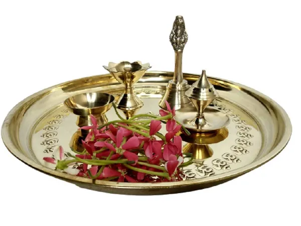 Brass_Pooja_Thali_I_Puja_Thali_Set_with_Ghanti,_Diya,_Roli/Kumkum_Katori_&_Agarbatti_Holder_for_for_Festival,_Home,_Temple,_Mandir,_Diwali_Gift_(10_Inches,_Set_of_5_Pieces)