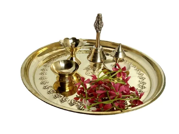 Brass_Pooja_Thali_I_Puja_Thali_Set_with_Ghanti,_Diya,_Roli/Kumkum_Katori_&_Agarbatti_Holder_for_for_Festival,_Home,_Temple,_Mandir,_Diwali_Gift_(10_Inches,_Set_of_5_Pieces)