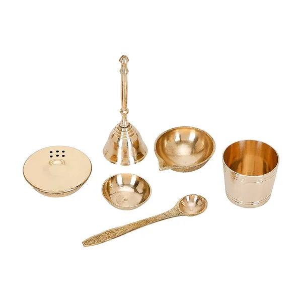 Brass_Puja_Articles/Items,_Set_of_6_pcs_(Ghanti,_Dhoop/Agarbatti_Stand,_Diya,_Roli/Kumkum_Katori,_Panchamrut,_Spoon)_for_Pooja_Room,_Mandir,_Temple,_Diwali,_Navratri_Gift