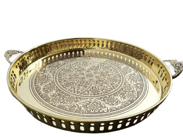 Brass_Round_Serving_Tray_With_Handle_12_Inch_For_Tableware,_Dinnerware,_Home,_Kitchen,_Pooja,_Puja,_Office,_Weddings,_Diwali_Gift_And_Festival.