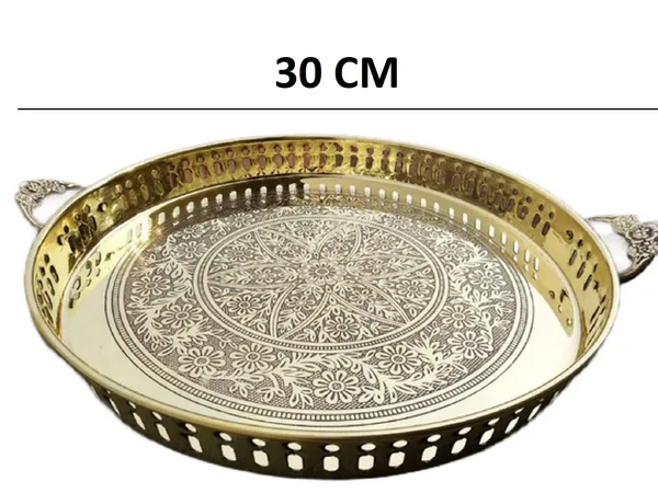 Brass_Round_Serving_Tray_With_Handle_12_Inch_For_Tableware,_Dinnerware,_Home,_Kitchen,_Pooja,_Puja,_Office,_Weddings,_Diwali_Gift_And_Festival.