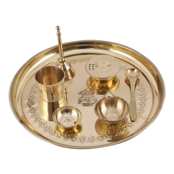 Brass_Pooja_Thali_Set_I_Puja_Thali_Set_10_inch_with_Ghanti,_Diya,_Roli/Kumkum_Katori,_Dhoop_Agarbatti_Holder_and_Panchamrut_Set(Round)
