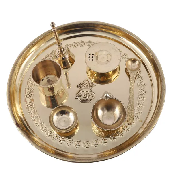 Brass_Pooja_Thali_Set_I_Puja_Thali_Set_10_inch_with_Ghanti,_Diya,_Roli/Kumkum_Katori,_Dhoop_Agarbatti_Holder_and_Panchamrut_Set(Round)