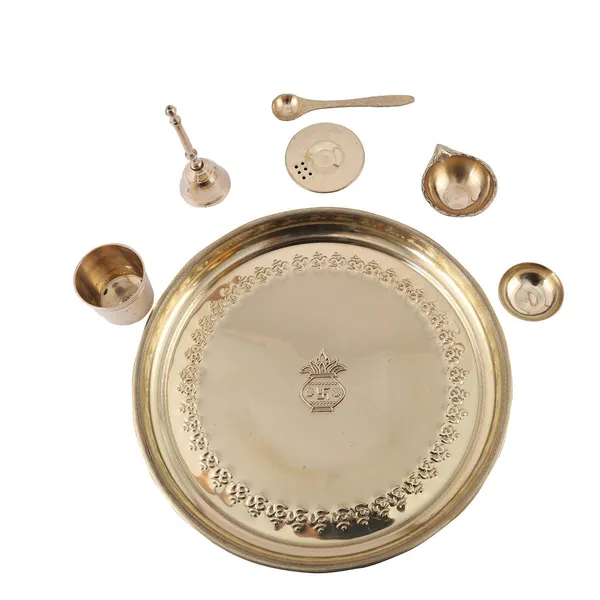 Brass_Pooja_Thali_Set_I_Puja_Thali_Set_10_inch_with_Ghanti,_Diya,_Roli/Kumkum_Katori,_Dhoop_Agarbatti_Holder_and_Panchamrut_Set(Round)