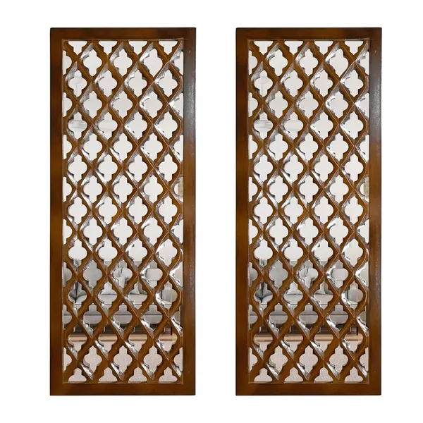 Pack_Of_2_Brown_Rectangular_Decorative_Hand_Crafted_Wooden_Wall_Mount_Mirror_Panel_(30_X_12_Inch)