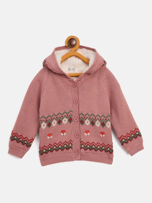 JWAAQ_Cotton_Knit_Full_Sleeve_Zig_Zag_Printed_Baby_kids_unisex_Winter_2_pcs_set_With_Fur_Lined-Rose