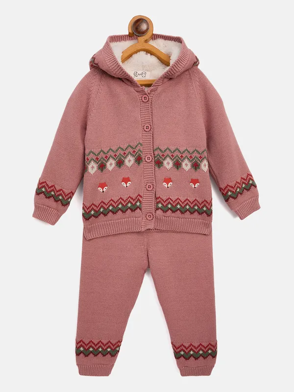 JWAAQ_Cotton_Knit_Full_Sleeve_Zig_Zag_Printed_Baby_kids_unisex_Winter_2_pcs_set_With_Fur_Lined-Rose