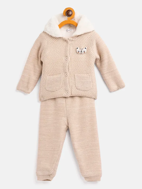 2-Piece_Oatmeal_Full_Sleeve_Cotton_Faux_Fur_Winter_Set_For_Unisex_Kids