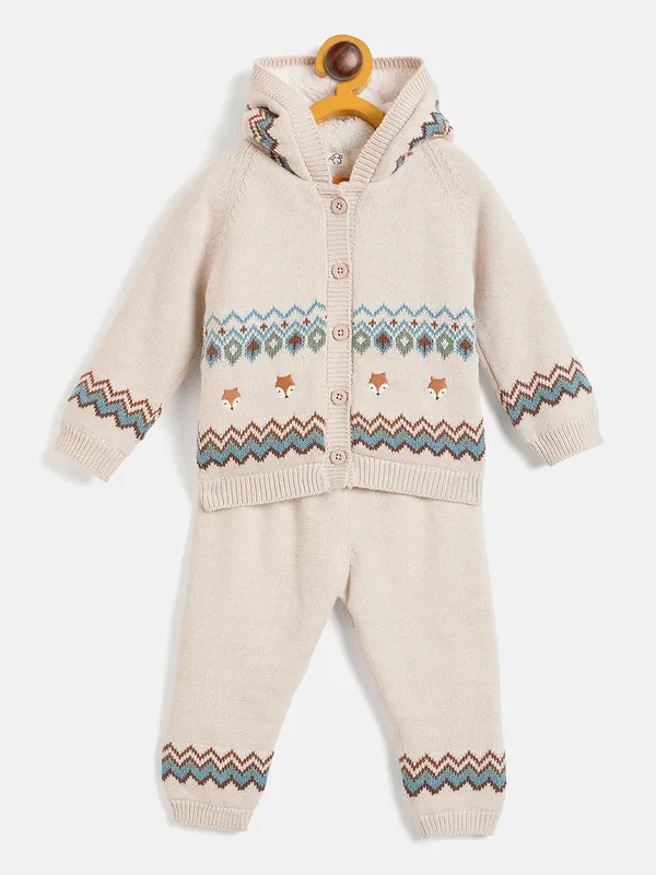 JWAAQ_Cotton_Knit_Full_Sleeve_Zig_Zag_Printed_Baby_kids_unisex_Winter_2_pcs_set_With_Fur_Lined-Oatmeal