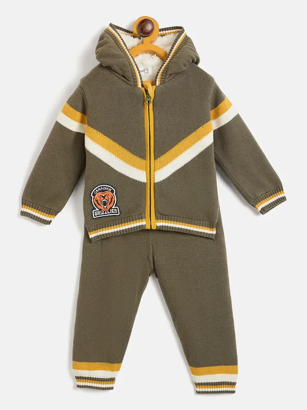 JWAAQ_Cotton_Knit_Full_Sleeve_Striped_With_Patch_Baby_kids_unisex_Winter_2_pcs_set_With_Fur_Lined-Olive