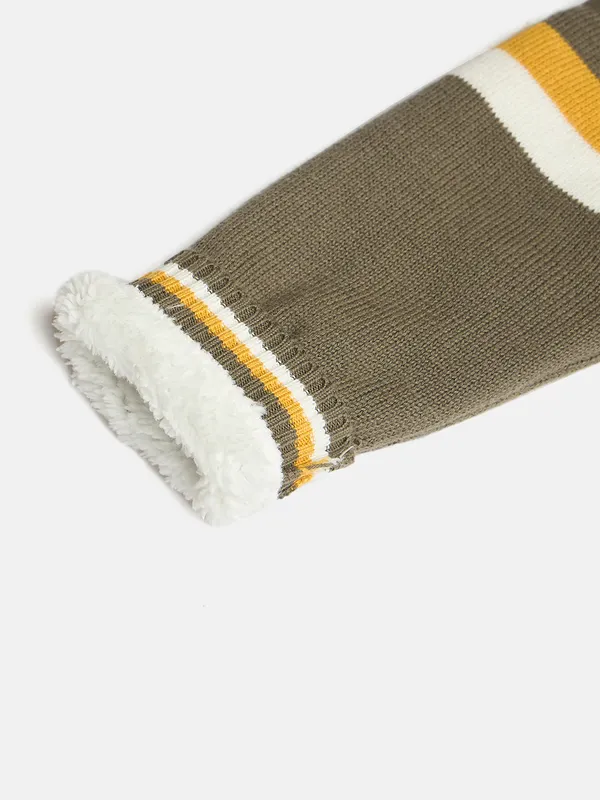 JWAAQ_Cotton_Knit_Full_Sleeve_Striped_With_Patch_Baby_kids_unisex_Winter_2_pcs_set_With_Fur_Lined-Olive