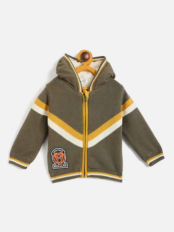 JWAAQ_Cotton_Knit_Full_Sleeve_Striped_With_Patch_Baby_kids_unisex_Winter_2_pcs_set_With_Fur_Lined-Olive