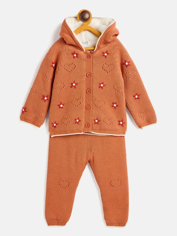 JWAAQ_Cotton_Knit_Full_Sleeve_Baby_kids_unisex_Winter_2_pcs_set_With_Fur_Lined-Rust
