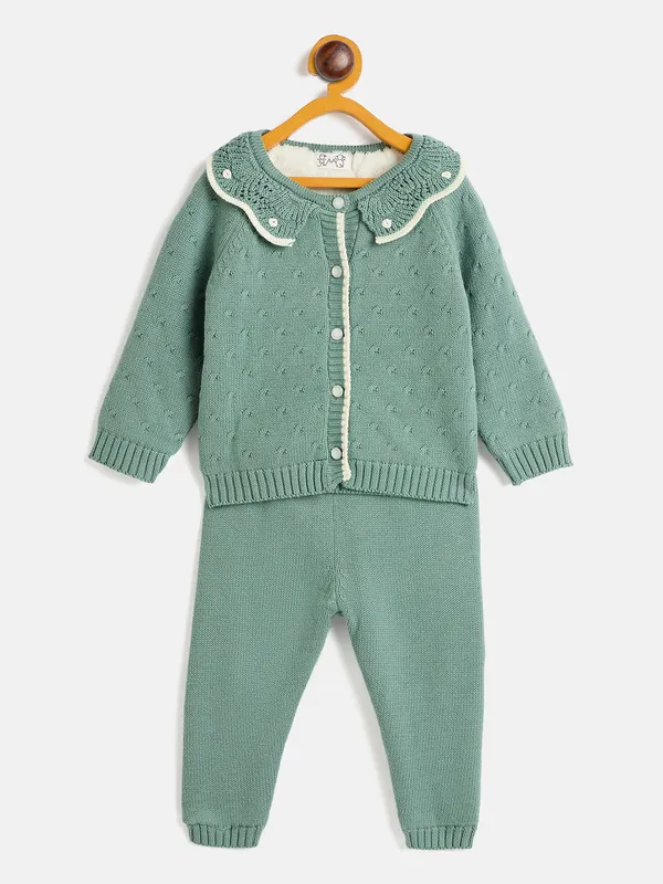JWAAQ_Cotton_Knit_Full_Sleeve_Baby_kids_unisex_Winter_2_pcs_set_With_Fur_Lined-Green