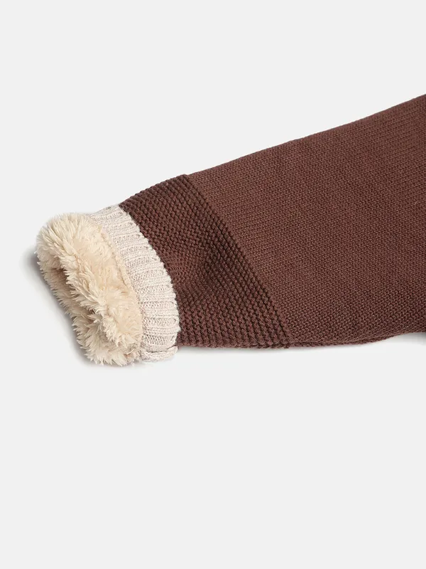 JWAAQ_Cotton_Knit_Full_Sleeve_Color_Blocked_Baby_kids_unisex_Winter_2_pcs_set_With_Fur_Lined-Coffee