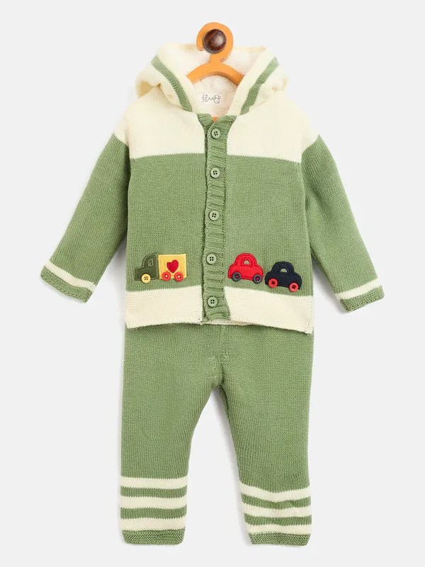 JWAAQ_Cotton_Knit_Full_Sleeve_Baby_kids_unisex_Winter_2_pcs_set_With_Fur_Lined-Green