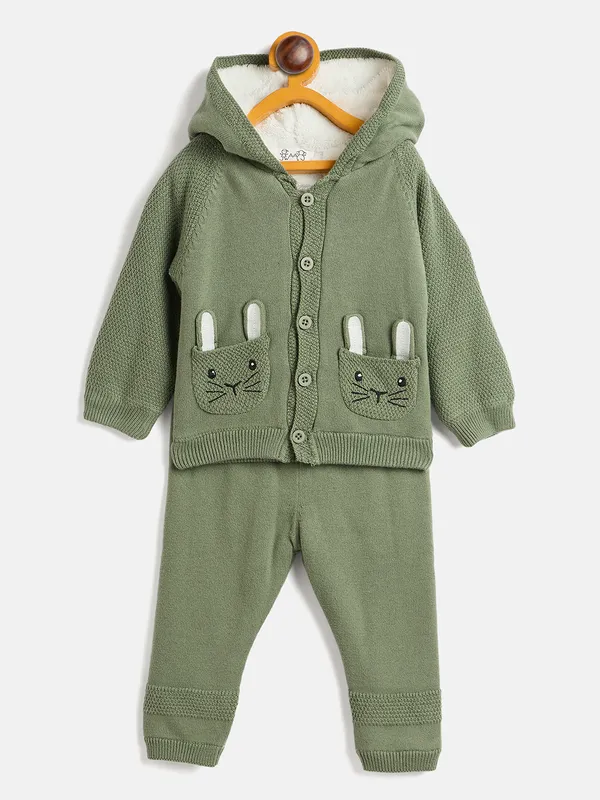 JWAAQ_Cotton_Knit_Full_Sleeve_Baby_kids_unisex_Winter_2_pcs_set_With_Fur_Lined-Green