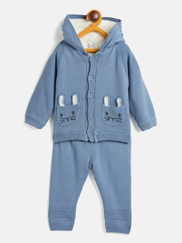 JWAAQ_Cotton_Knit_Full_Sleeve_Baby_kids_unisex_Winter_2_pcs_set_With_Fur_Lined-Blue