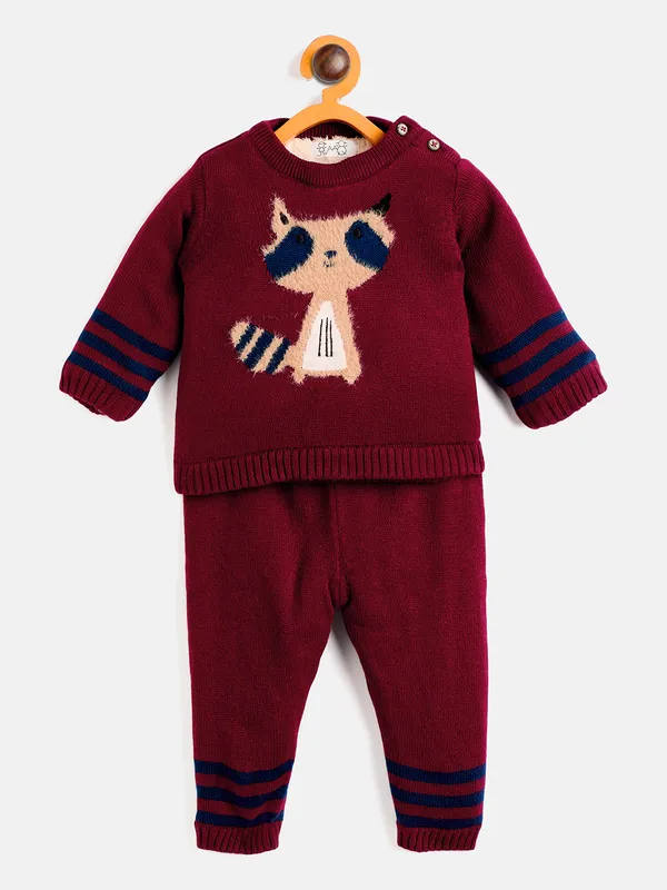 2-Piece_Mehroon_Full_Sleeve_Cotton_Faux_Fur_Winter_Set_For___Kids
