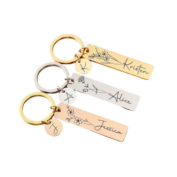 Customizable_Name_Gold,_Silver,_Rose_Gold_And_Black_Stainless_Steel_Keychain_With_Birth_Flower