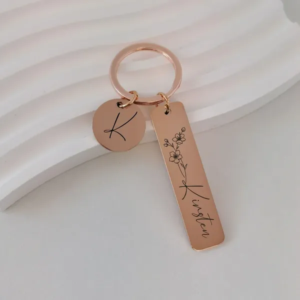 Customizable_Name_Gold,_Silver,_Rose_Gold_And_Black_Stainless_Steel_Keychain_With_Birth_Flower