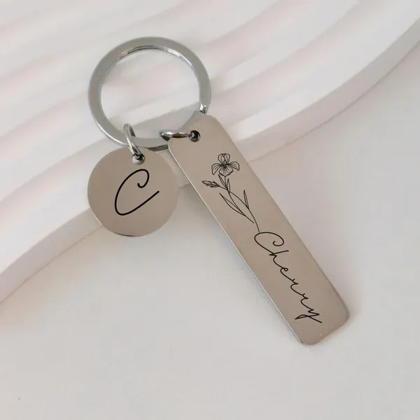 Customizable_Name_Gold,_Silver,_Rose_Gold_And_Black_Stainless_Steel_Keychain_With_Birth_Flower
