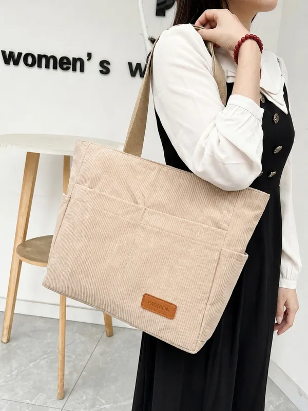 Beige_Premium_Corduroy_Tote_Bag_Lightweight_Shoulder_Bag_&_Multi-Pocket_Tote_Bag