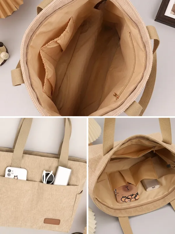 Beige_Premium_Corduroy_Tote_Bag_Lightweight_Shoulder_Bag_&_Multi-Pocket_Tote_Bag