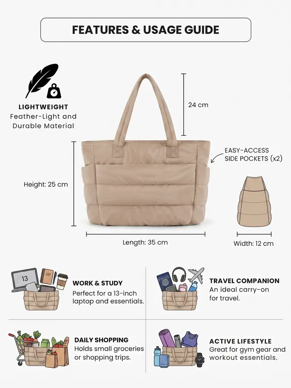 Beige_Puffer_Lightweight_Tote_for_Laptop_&_Work_Bag