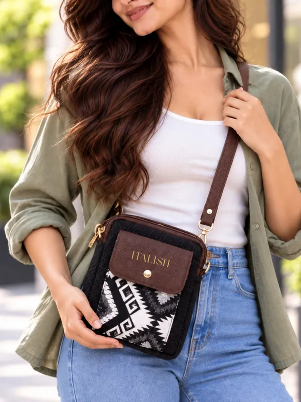 Black_Compact_Crossbody_Bag_|_Textured_Jute_Sling_Bag_with_Geometric_Print