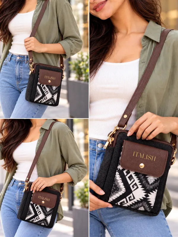 Black_Compact_Crossbody_Bag_|_Textured_Jute_Sling_Bag_with_Geometric_Print