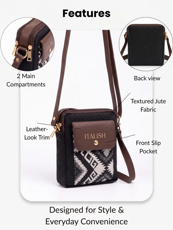 Black_Compact_Crossbody_Bag_|_Textured_Jute_Sling_Bag_with_Geometric_Print