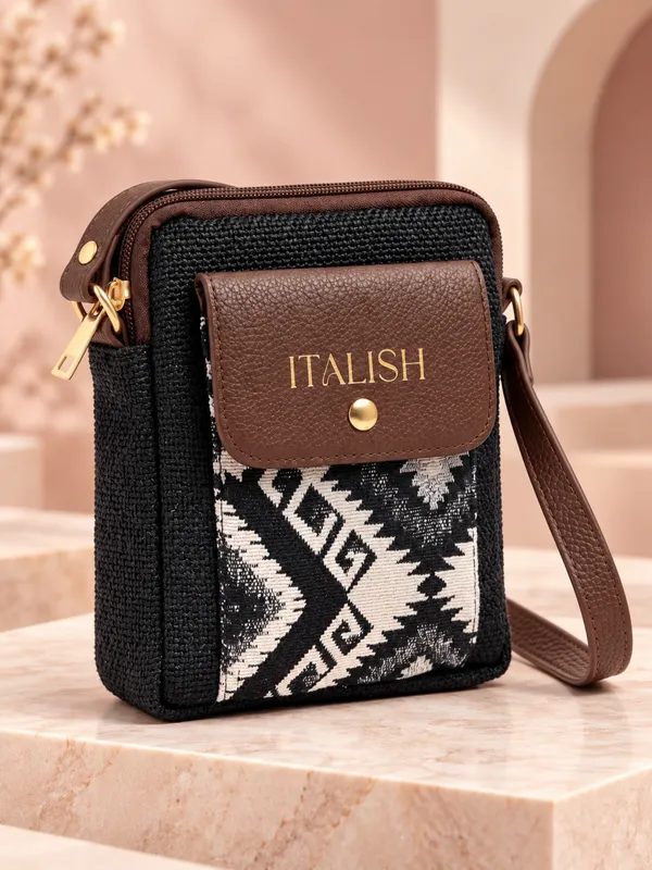 Black_Compact_Crossbody_Bag_|_Textured_Jute_Sling_Bag_with_Geometric_Print