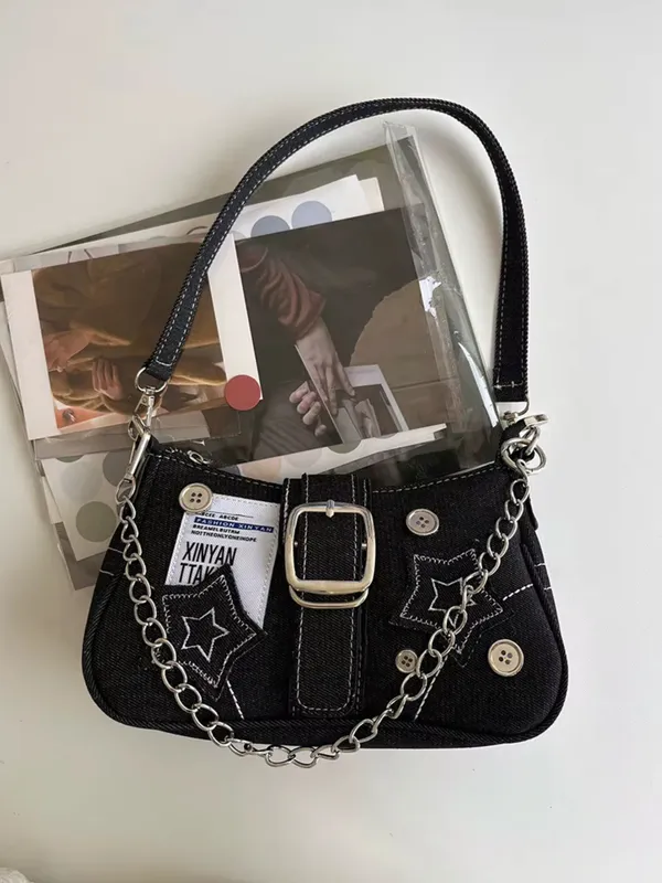 Black_Denim_Star_Charm_Shoulder_Sling_Bag_–_Dual_Strap,_Silver_Chain_Accent