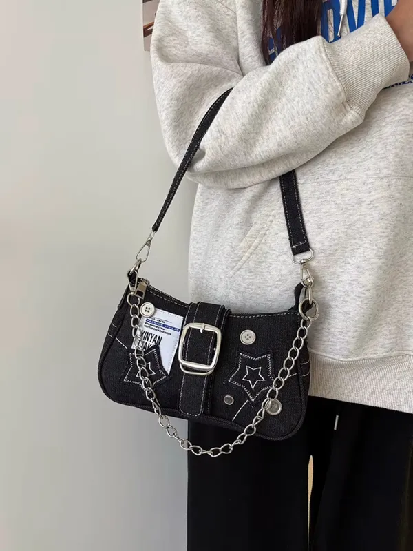 Black_Denim_Star_Charm_Shoulder_Sling_Bag_–_Dual_Strap,_Silver_Chain_Accent